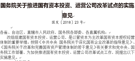 國務(wù)院關(guān)于推進(jìn)國有資本投資、運(yùn)營公司改革試點(diǎn)的實(shí)施意見